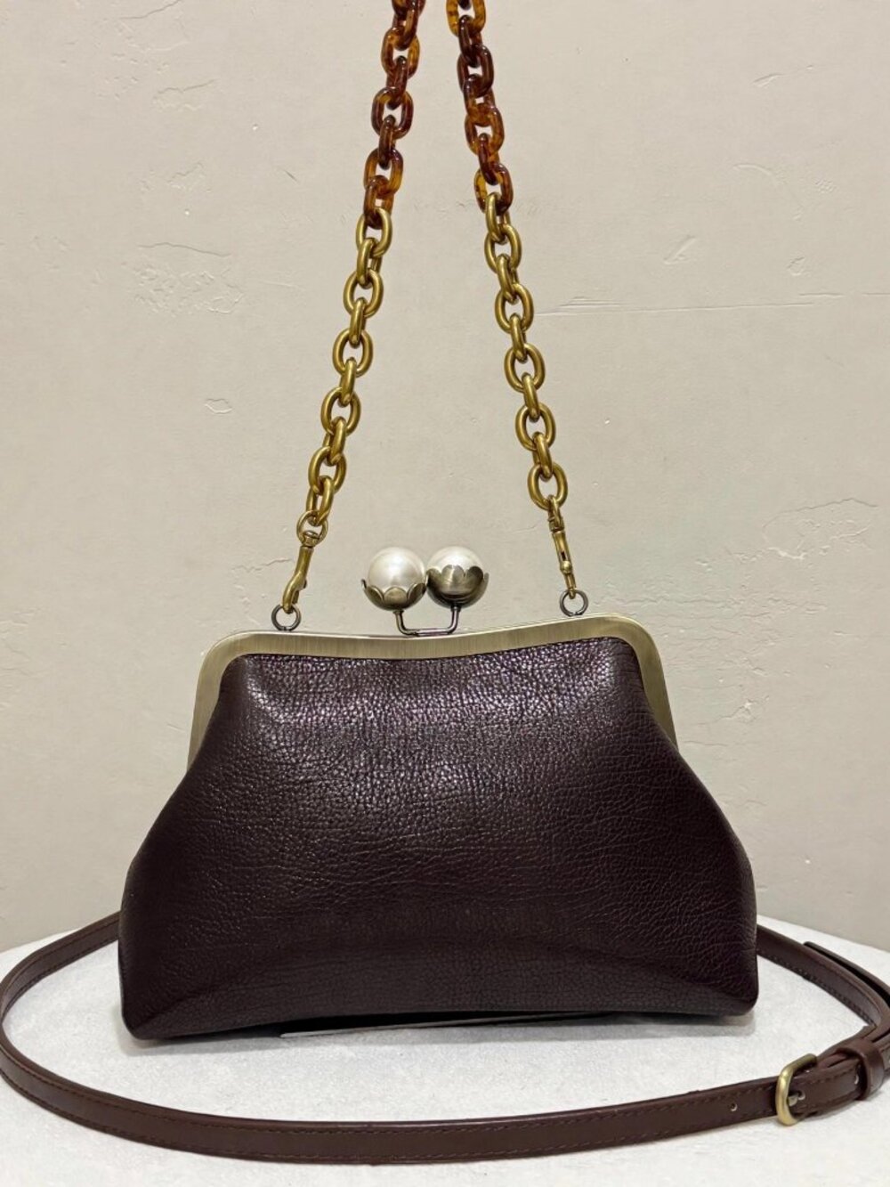 Chocolate Genuine Deerskin Leather Handmade Pearl Kisslock Frame Bag